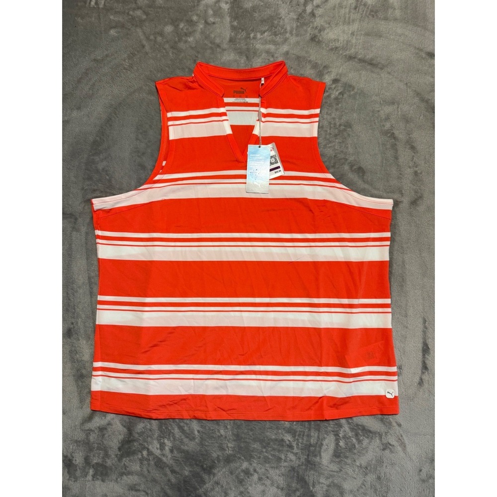 Puma Cloudspun V-Neck Polo Women XXL Orange White Striped Sleeveless Golf Top